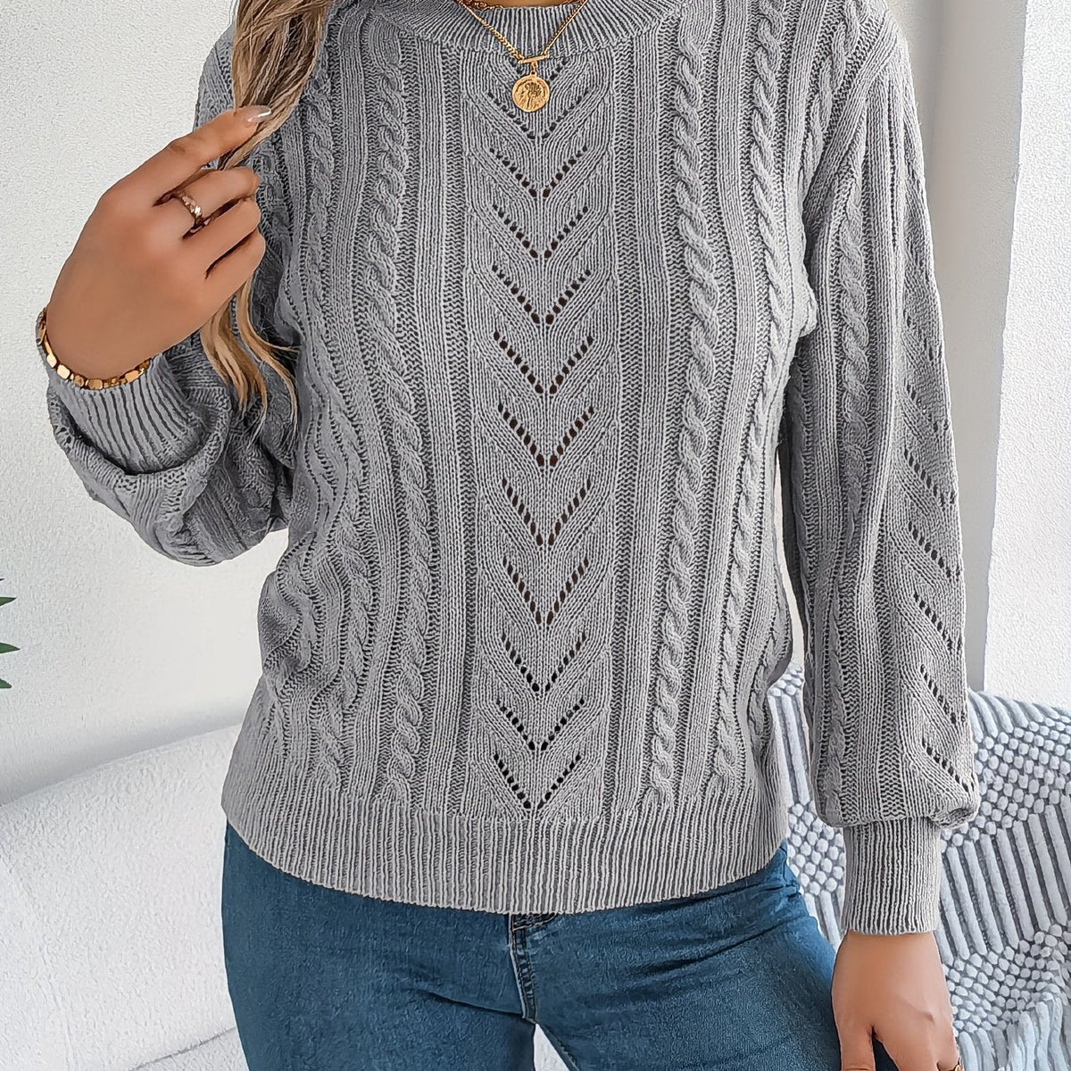 Elspeth | Women's Pointelle Cable Knit Crew Neck Sweater
