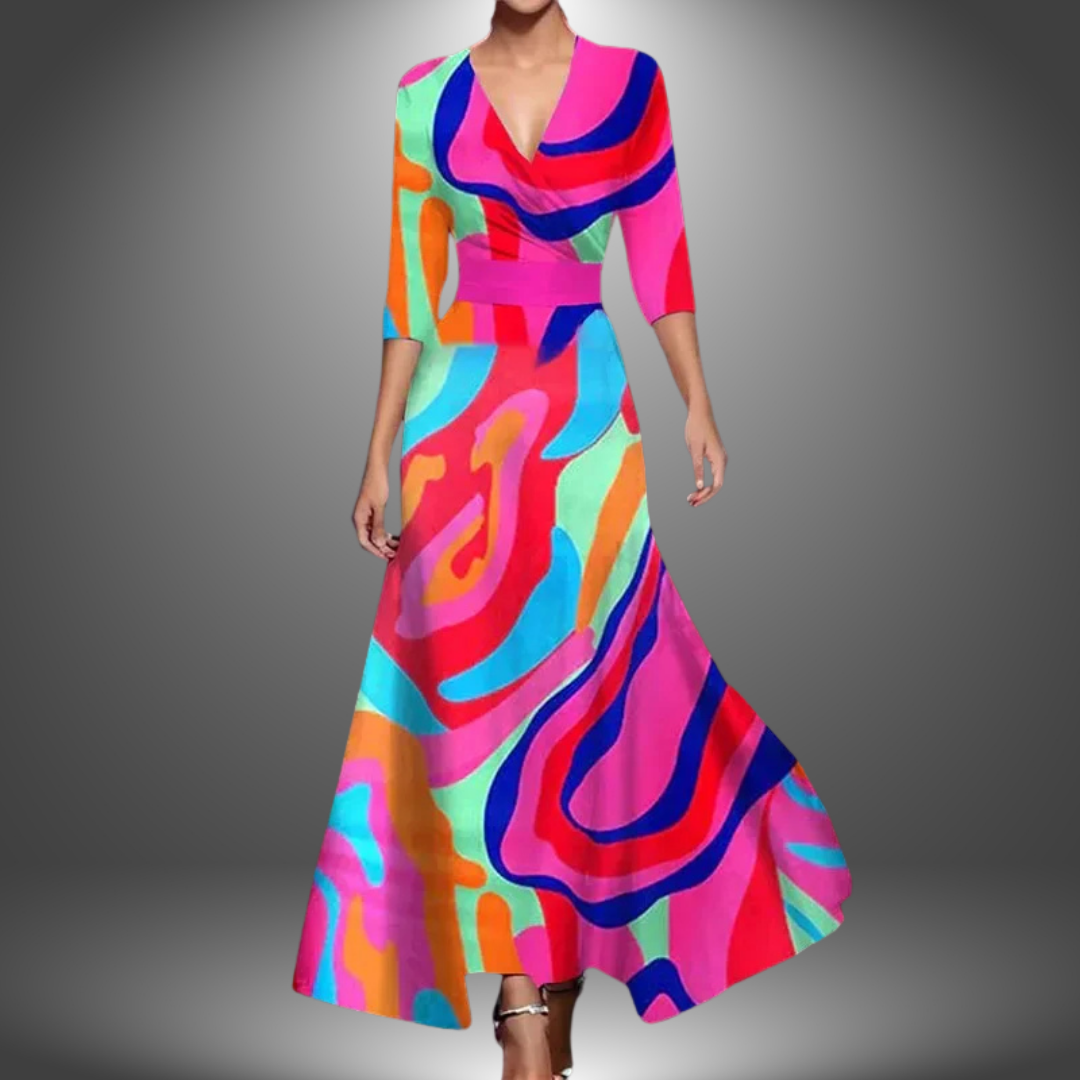Bold Floral Wrap V Neck Satin Flowy Maxi Dress