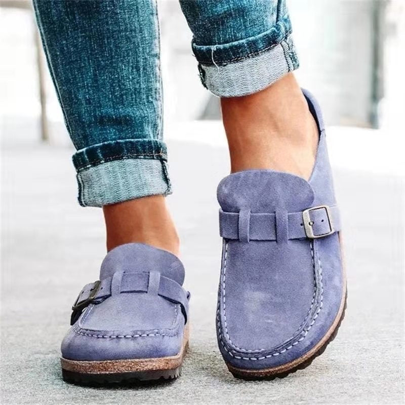 Buckle Strap Suede Cork Sole Slip-On Flat Loafer
