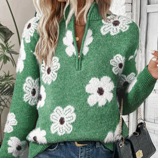 Calla | Women's Half Zip Sweater with an Allover Daisy Print