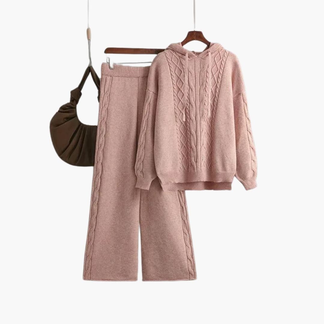 Bettina | Women's Cable Knit Sweater Hoodie and Wide Leg Pants Set