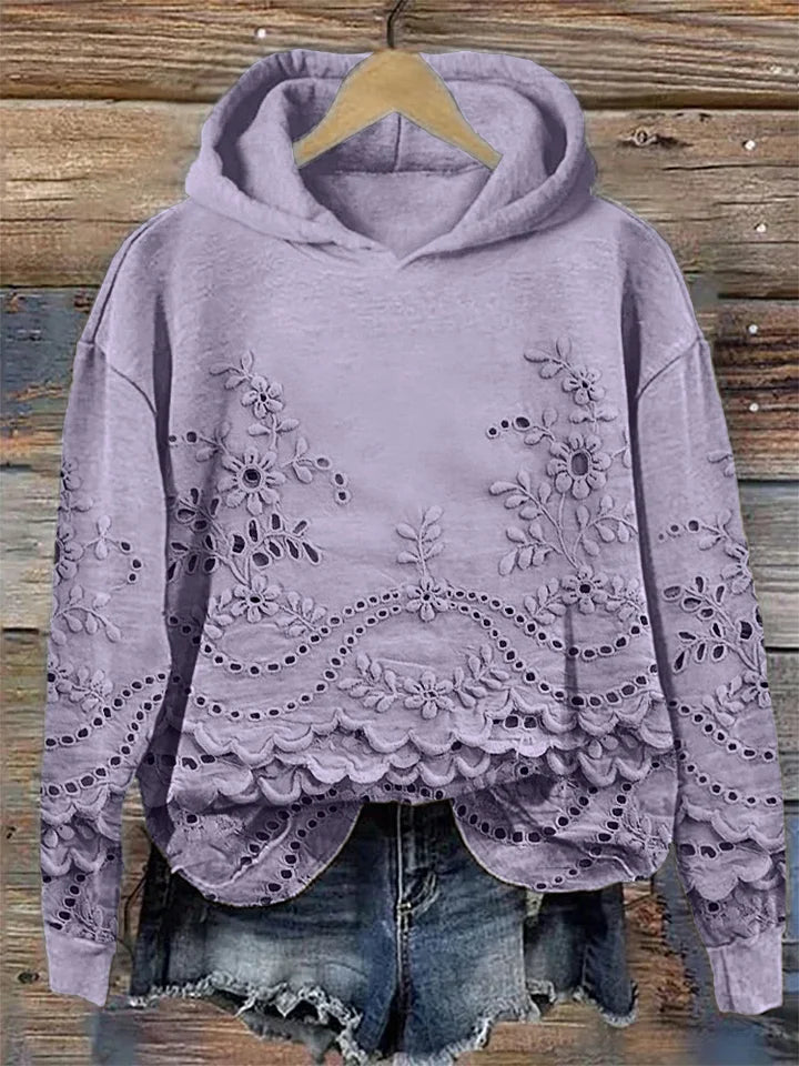 Faye | Women's Floral Embroidered Hoodie with Scalloped Hem