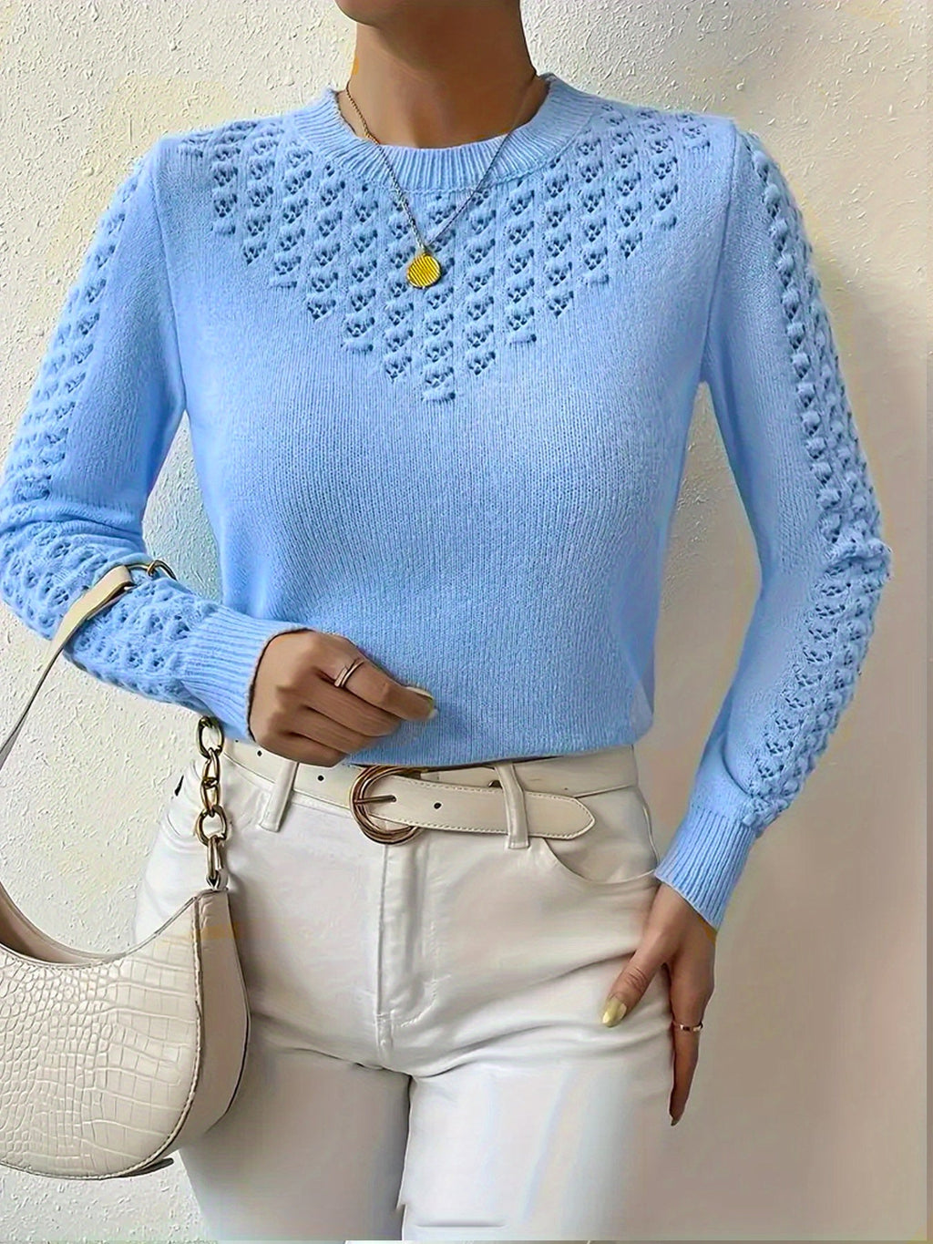 Josie | Women's Fitted Pointelle Knit Sweater with Crew Neck