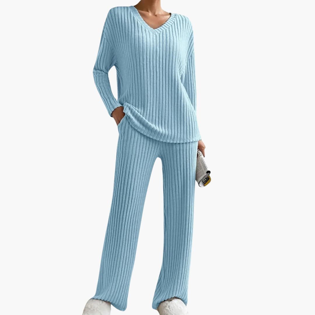Eleonora | Women's Ribbed Knit V-Neck Sweater and Wide Leg Pants Set