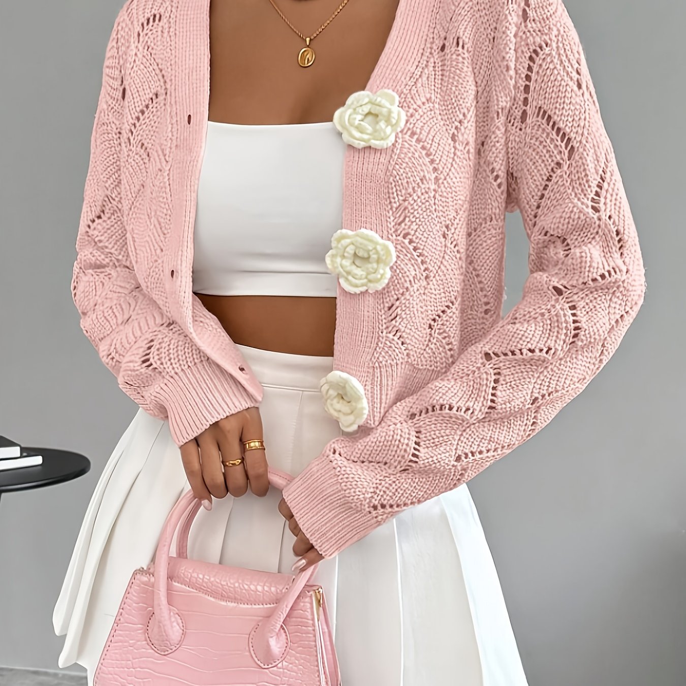 Marigold | Women's Crochet Knit Cardigan with Floral Buttons