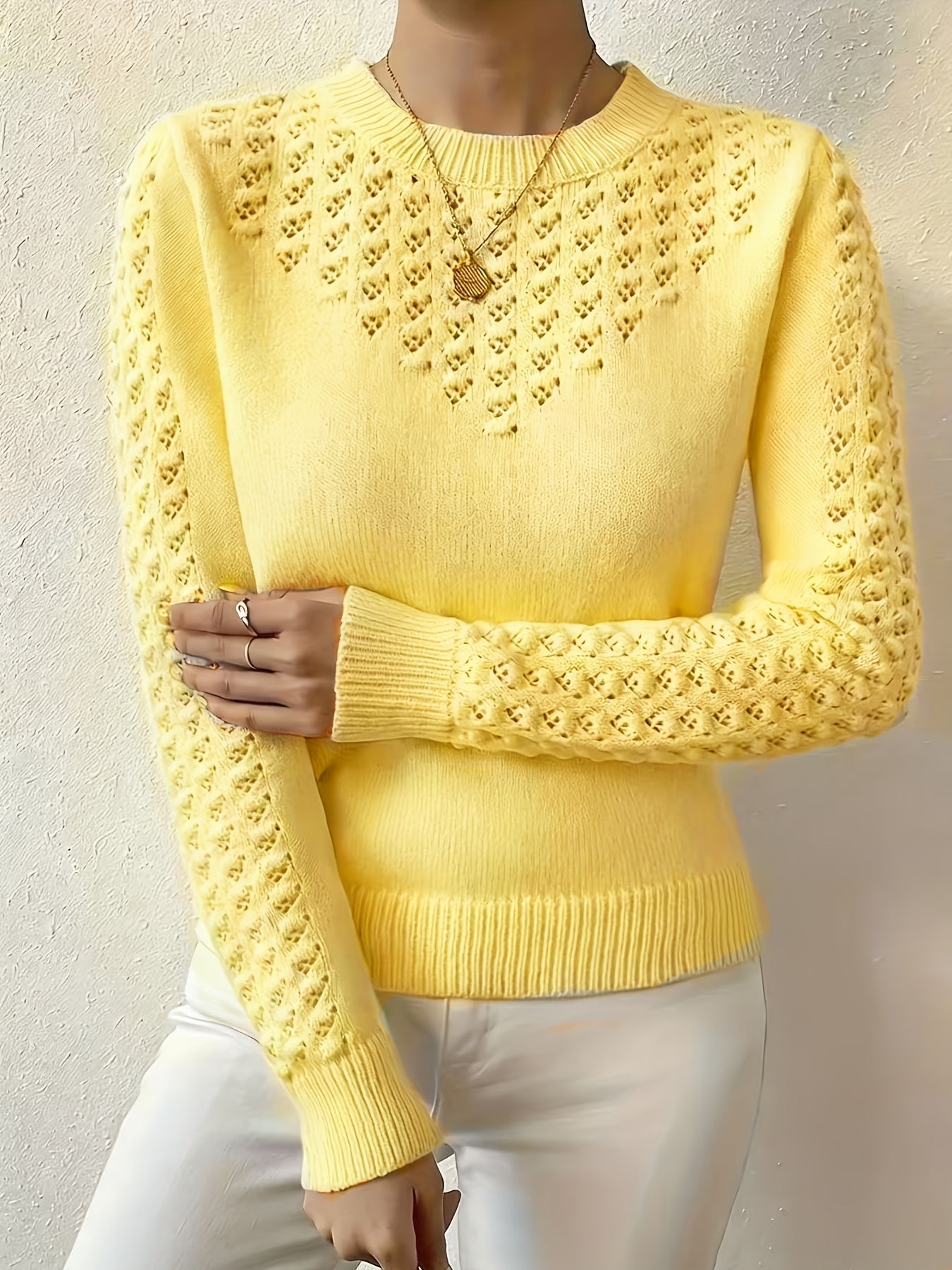 Josie | Women's Fitted Pointelle Knit Sweater with Crew Neck
