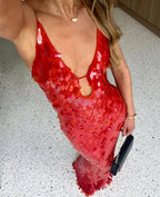 Red Sequin Backless Homecoming Dress