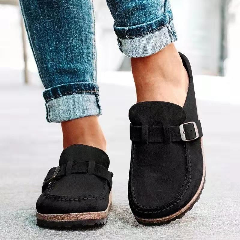 Buckle Strap Suede Cork Sole Slip-On Flat Loafer