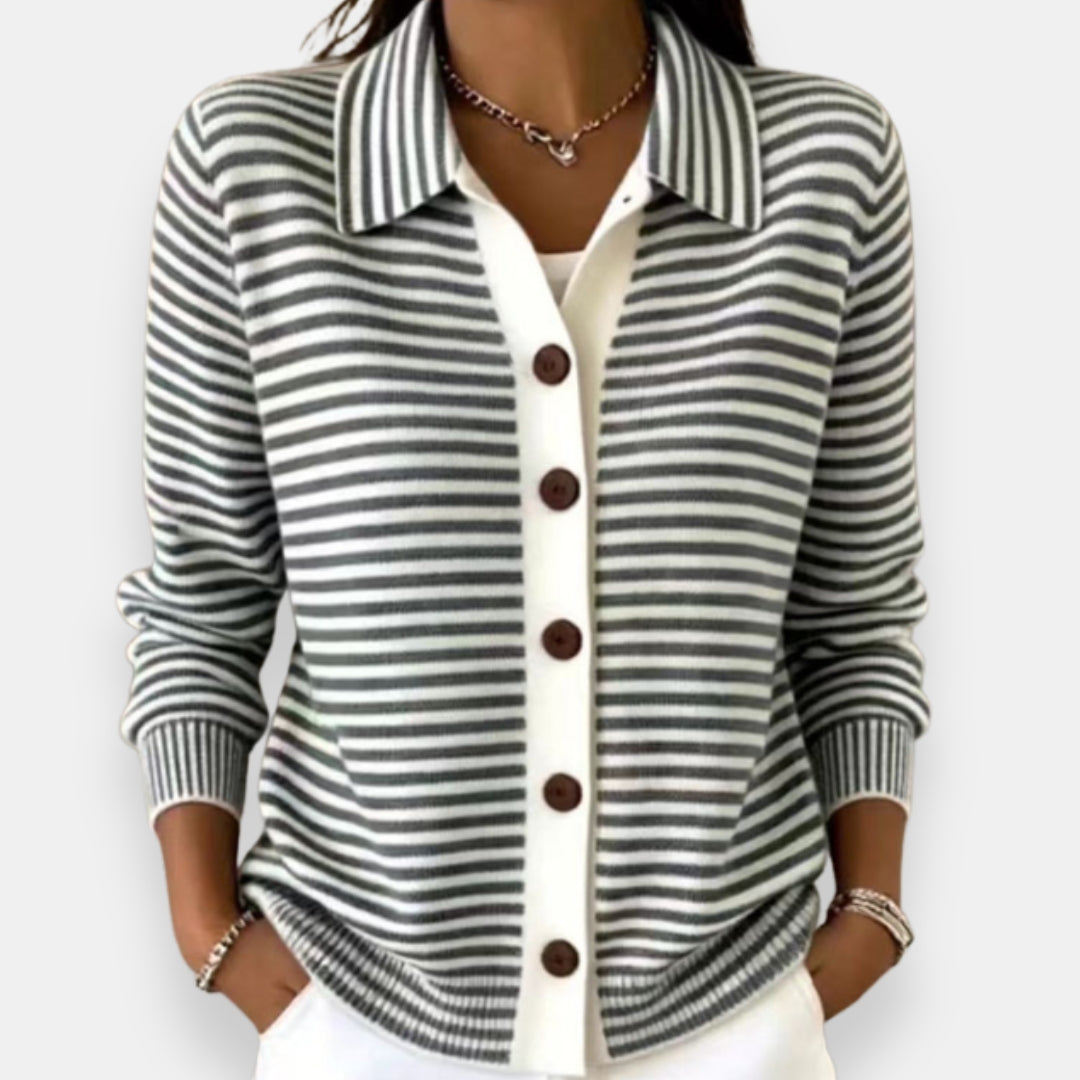 Séverine | Women's Collared Button-Front Striped Knit Cardigan