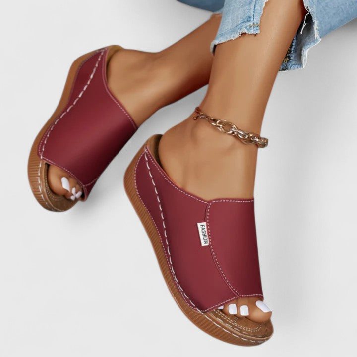 Leather Peep Toe Comfort Wedge Slide Sandal