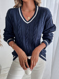 Cordelia | Women's Oversized V-Neck Striped Trim Cable Knit Sweater