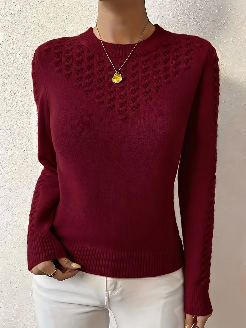 Josie | Women's Fitted Pointelle Knit Sweater with Crew Neck