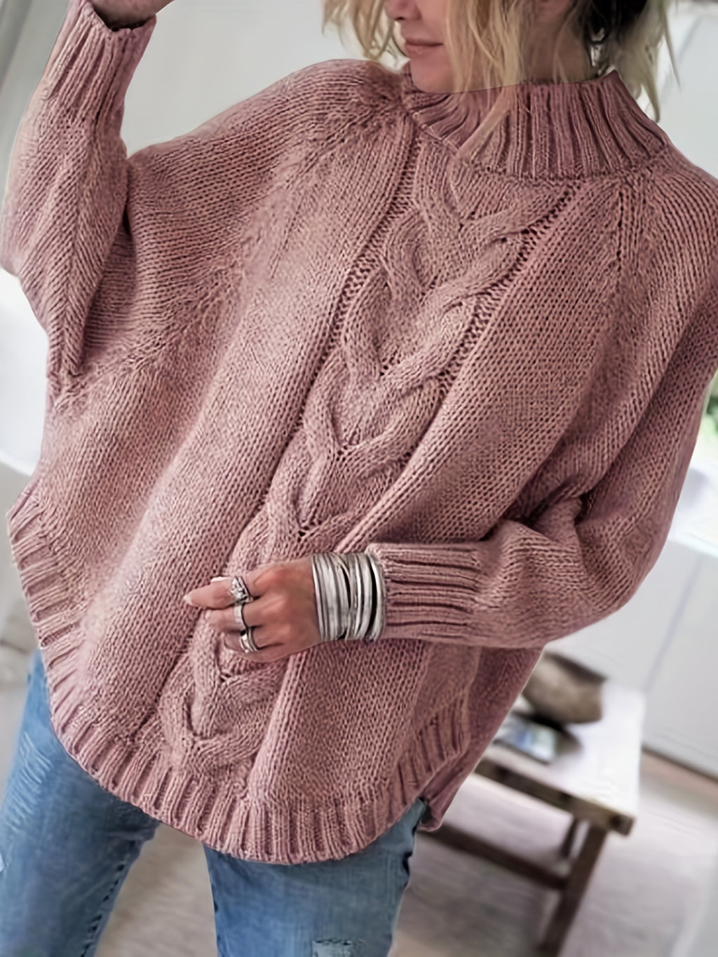 Wren | Women's Wool Cable Knit High-Neck Sweater with Flared Hem for Casual Fall Wear