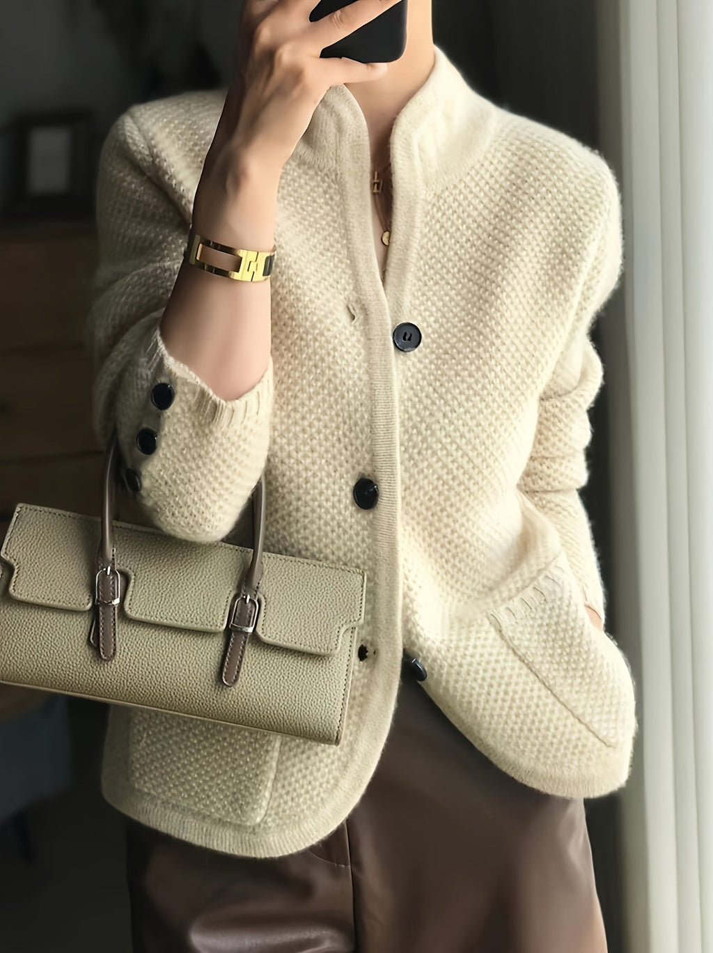 Vienna | Women's Textured Knit Button Cardigan with Stand Collar