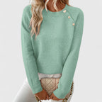 Naomi | Women's Crew Neck Pullover with Pearl Button Shoulder Trim