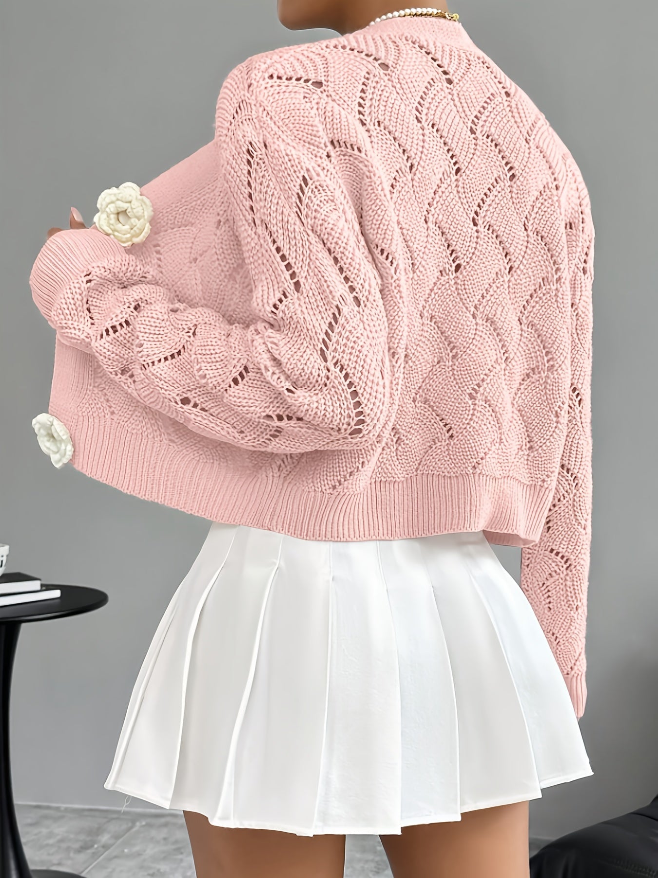 Marigold | Women's Crochet Knit Cardigan with Floral Buttons