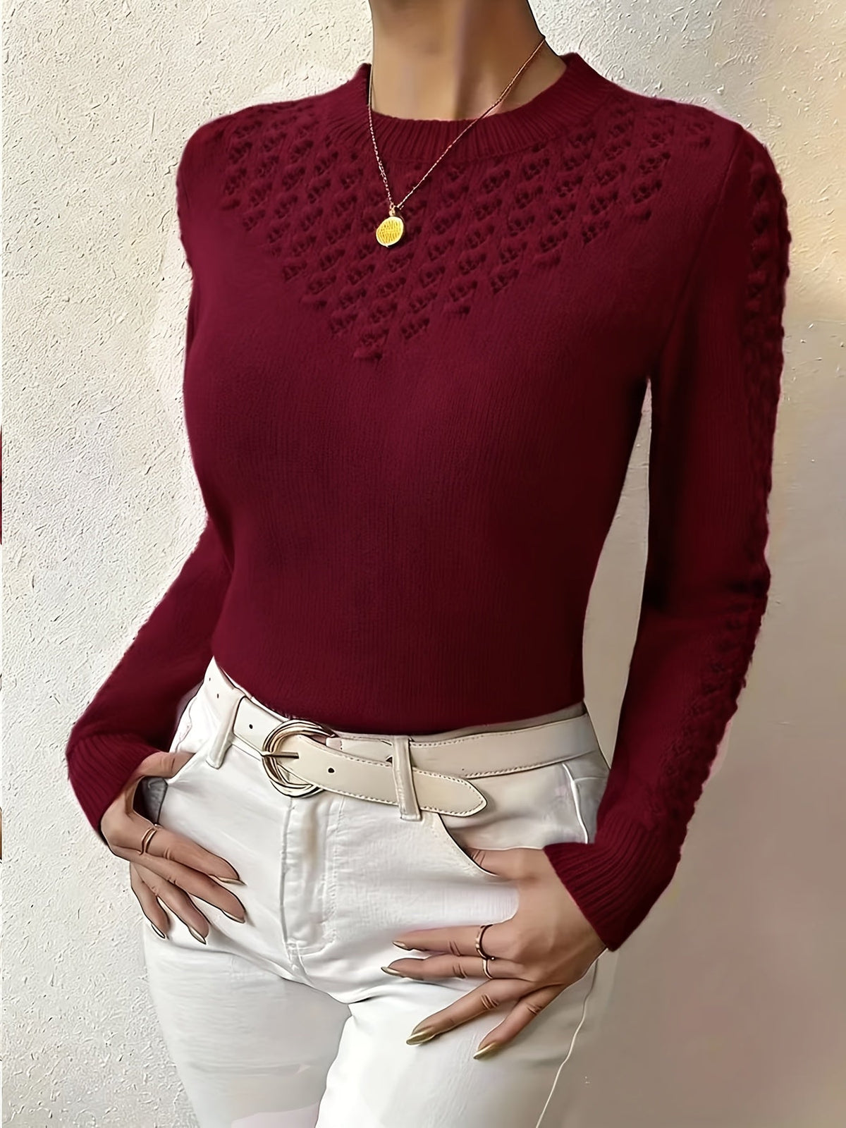 Josie | Women's Fitted Pointelle Knit Sweater with Crew Neck