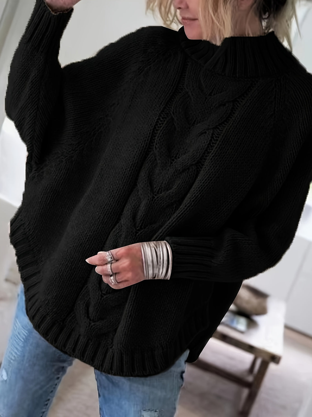 Wren | Women's Wool Cable Knit High-Neck Sweater with Flared Hem for Casual Fall Wear