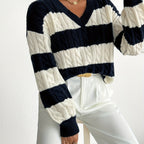 Rosalyn | Women's Striped V-Neck Oversized Cable Knit Sweater