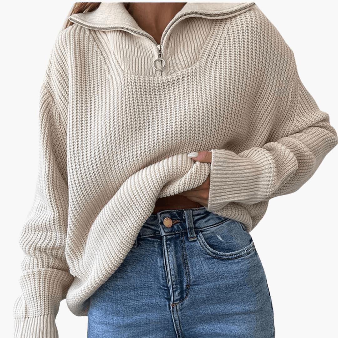 Odette | Women's Chunky Knit Cropped Sweater with Half Zip Collar