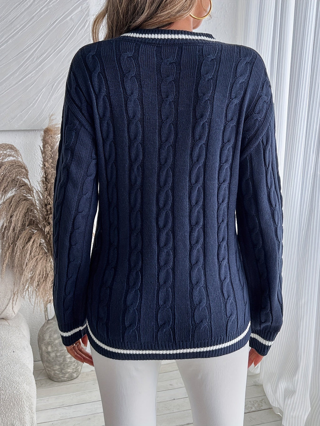 Cordelia | Women's Oversized V-Neck Striped Trim Cable Knit Sweater