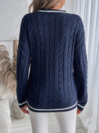 Cordelia | Women's Oversized V-Neck Striped Trim Cable Knit Sweater