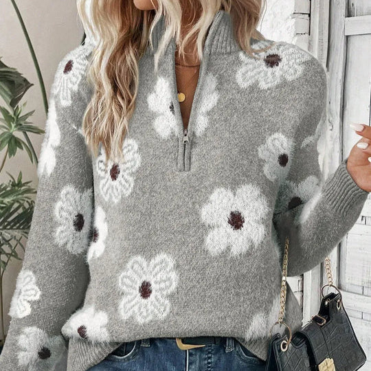 Calla | Women's Half Zip Sweater with an Allover Daisy Print