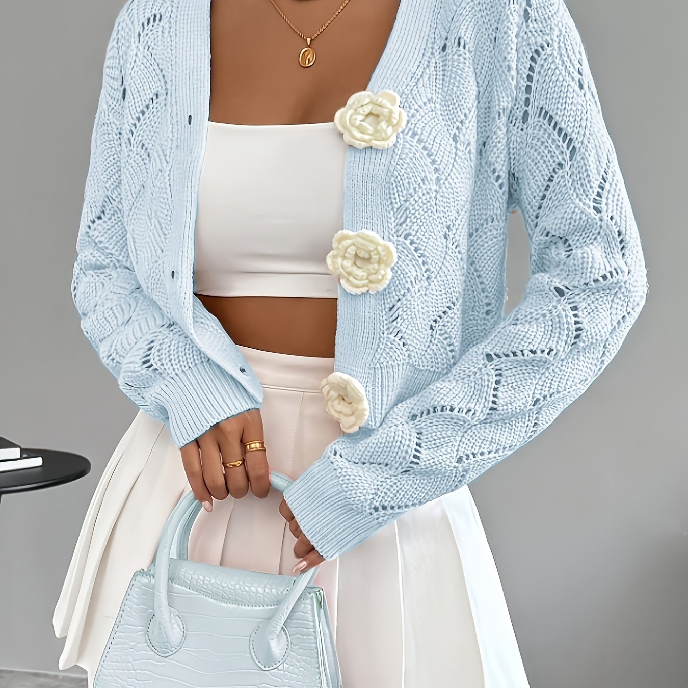 Marigold | Women's Crochet Knit Cardigan with Floral Buttons
