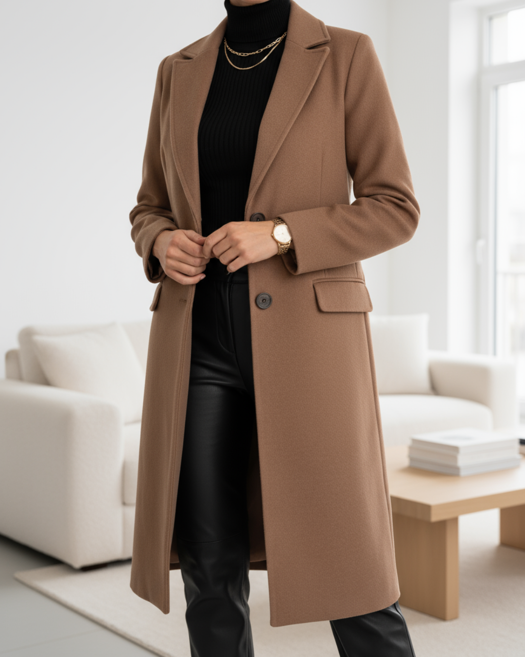 Vivienne | Women's Single-Breasted Long Overcoat with Notch Lapel