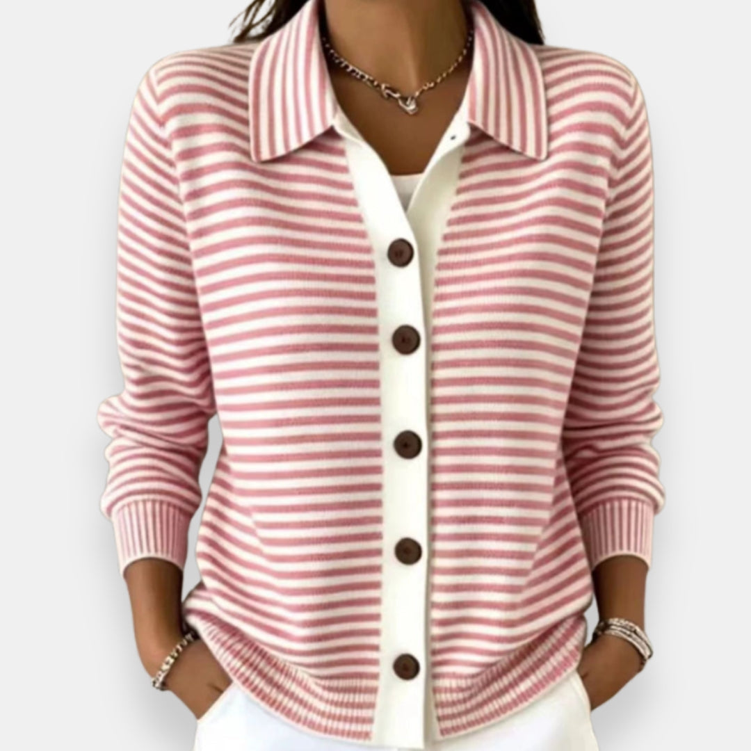 Séverine | Women's Collared Button-Front Striped Knit Cardigan