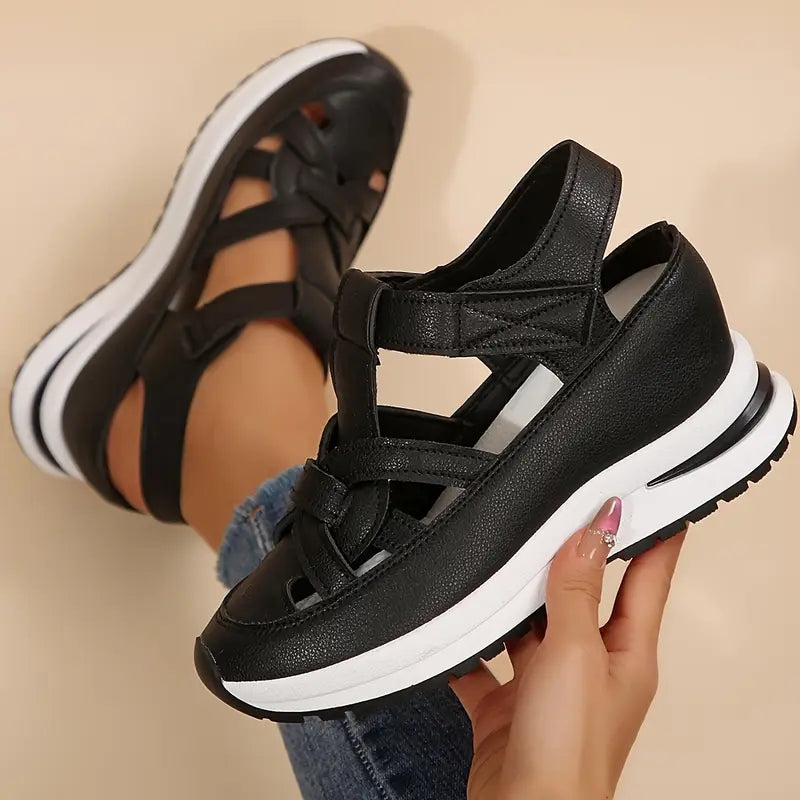 Woven Cut Out Velcro Ankle Strap Flatform Sport Sandals