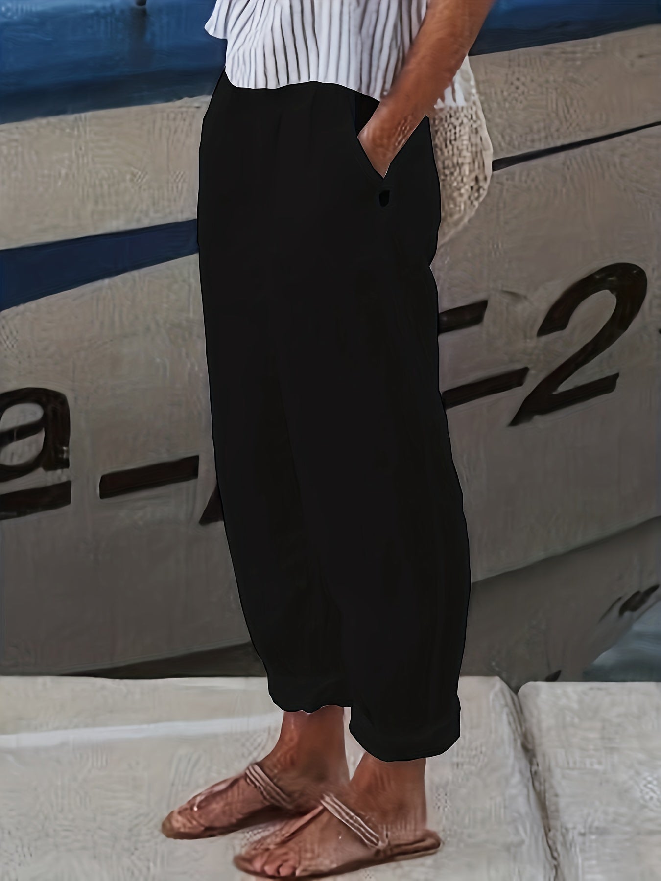 Elasticated High Waist Roll Hem Relaxed Linen Pants