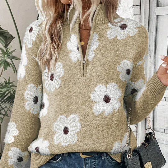 Calla | Women's Half Zip Sweater with an Allover Daisy Print