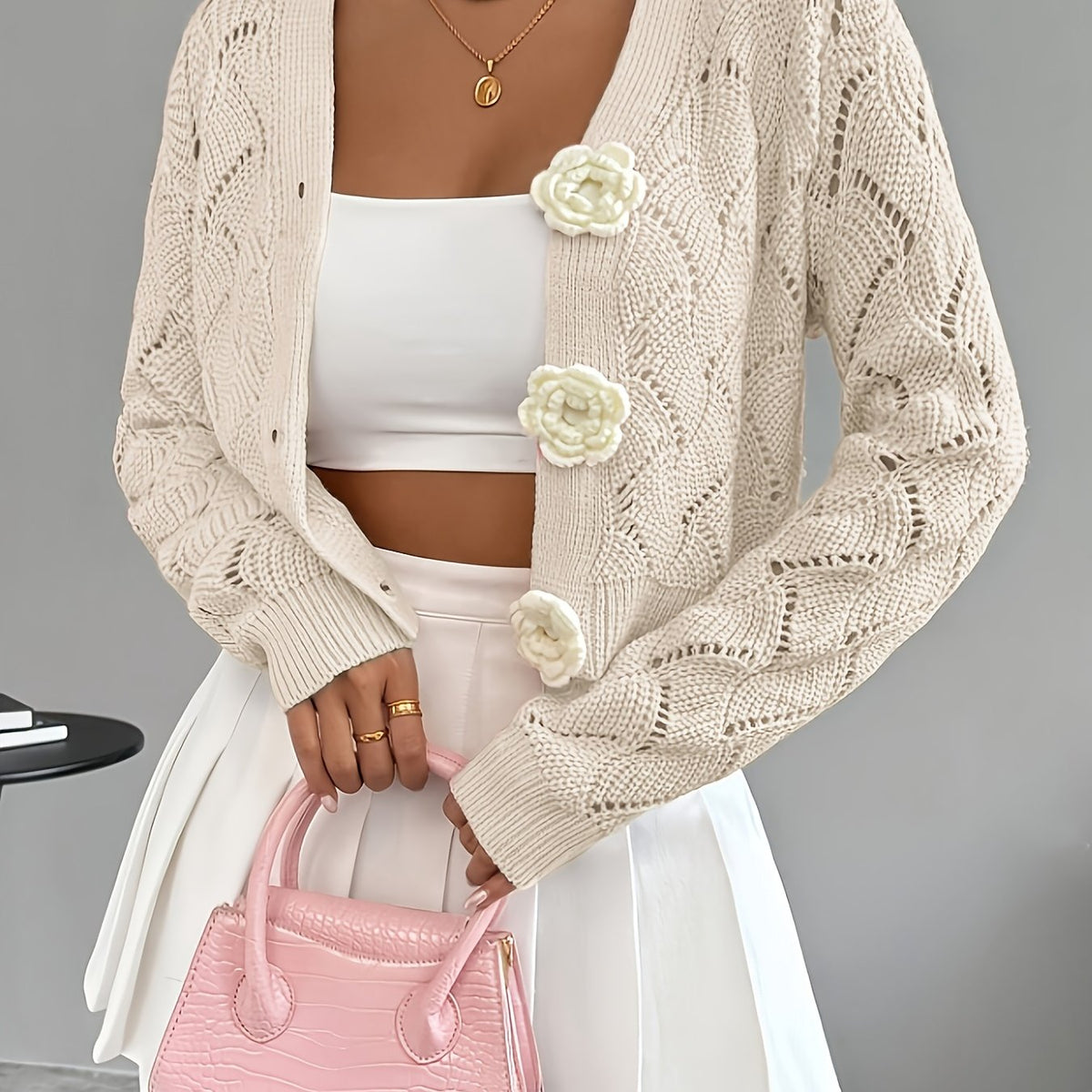 Marigold | Women's Crochet Knit Cardigan with Floral Buttons
