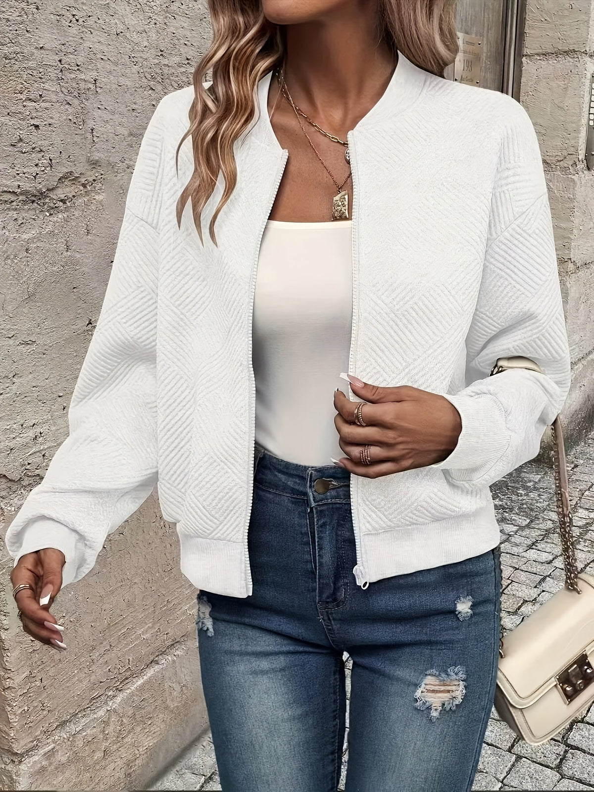 Seraphina | Women's Textured Zip-Up Cropped Bomber Jacket