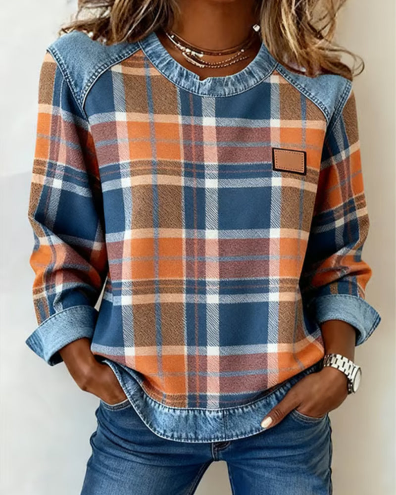 Rosalind | A Denim-Trimmed Sweatshirt for Women, Done in Plaid Patchwork