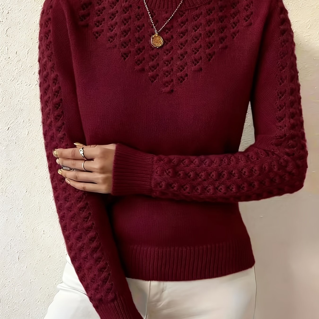 Josie | Women's Fitted Pointelle Knit Sweater with Crew Neck