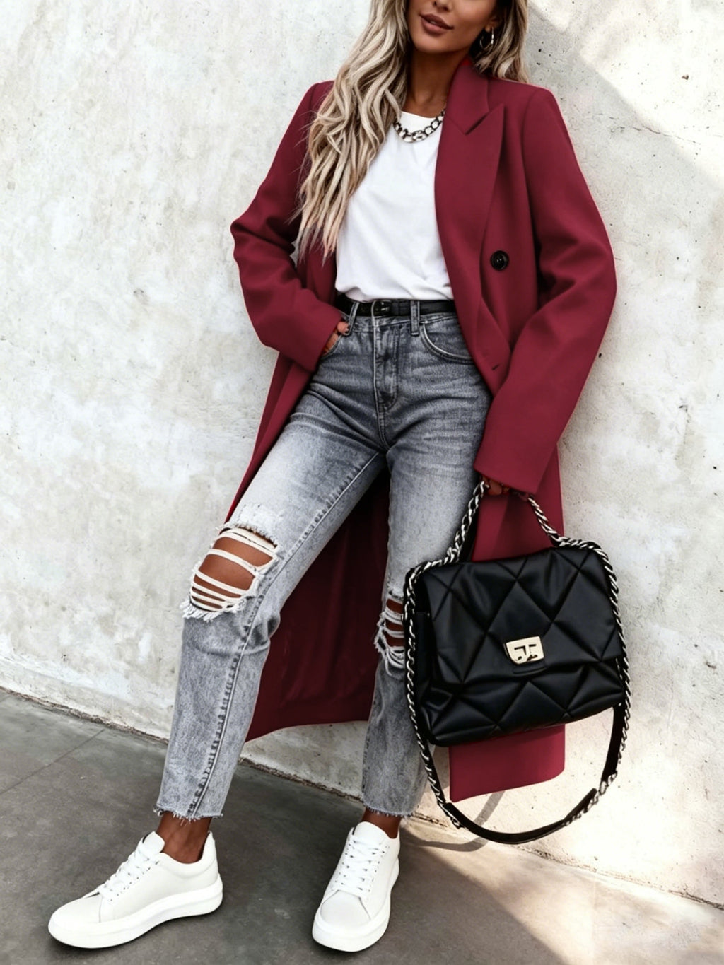 Genevieve | Women's Longline Double Breasted Coat with Notch Lapel