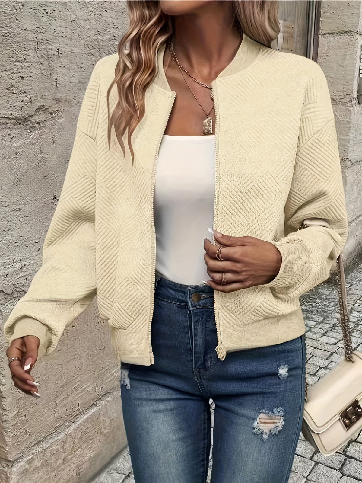 Seraphina | Women's Textured Zip-Up Cropped Bomber Jacket