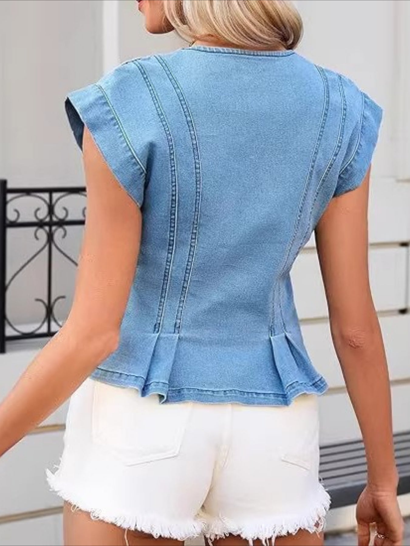 Elowen | Women's Denim Peplum Vest Top with Button Front