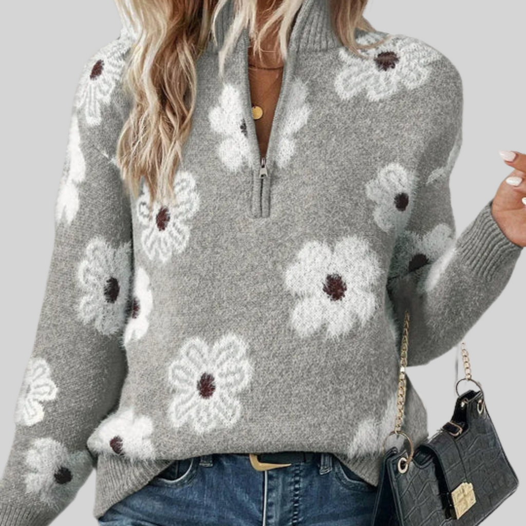 Calla | Women's Half Zip Sweater with an Allover Daisy Print