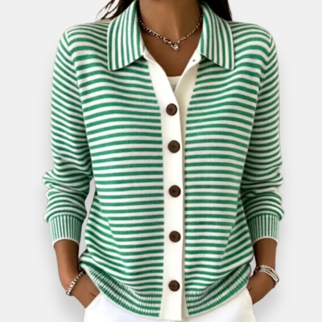 Séverine | Women's Collared Button-Front Striped Knit Cardigan