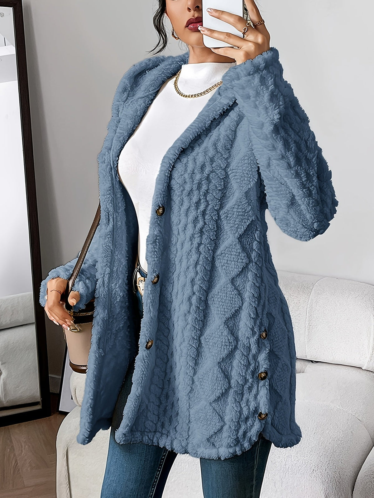 Odalys | Women's Hooded Textured Button-Up Cardigan