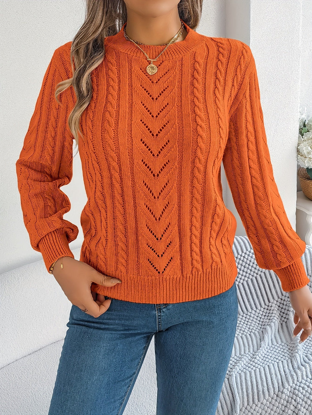 Elspeth | Women's Pointelle Cable Knit Crew Neck Sweater