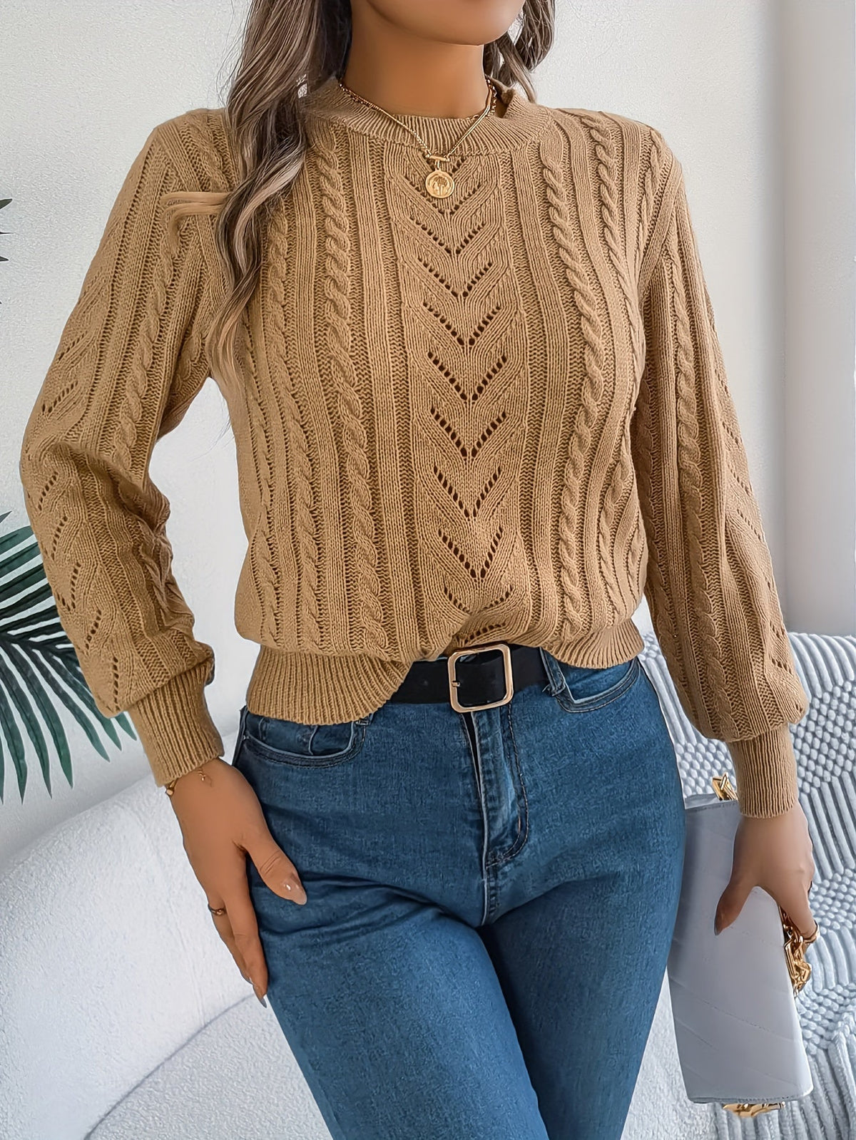 Elspeth | Women's Pointelle Cable Knit Crew Neck Sweater