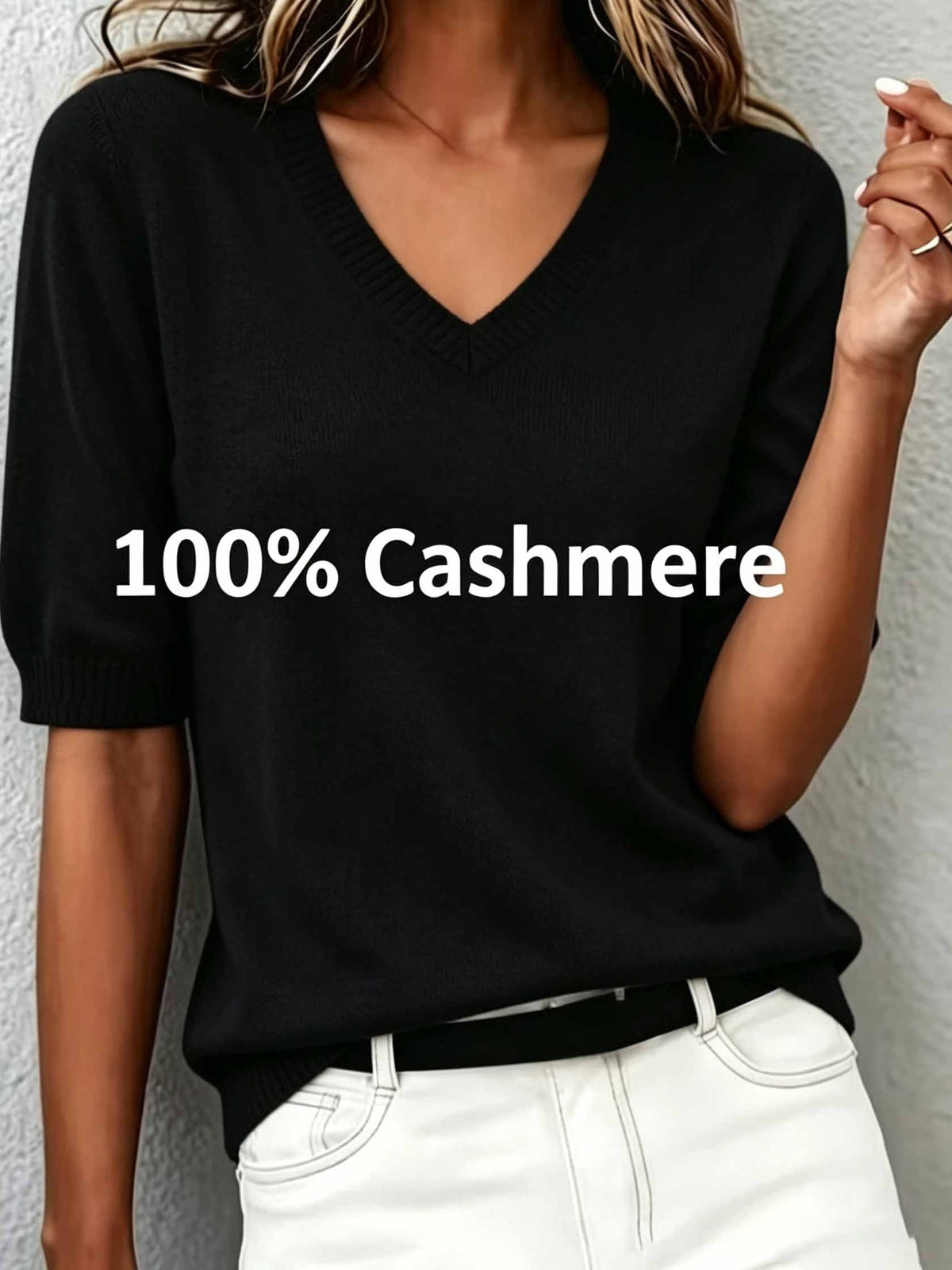 Delphine | Women's Cashmere Wool Short-Sleeve V-Neck Sweater with Ribbed Collar