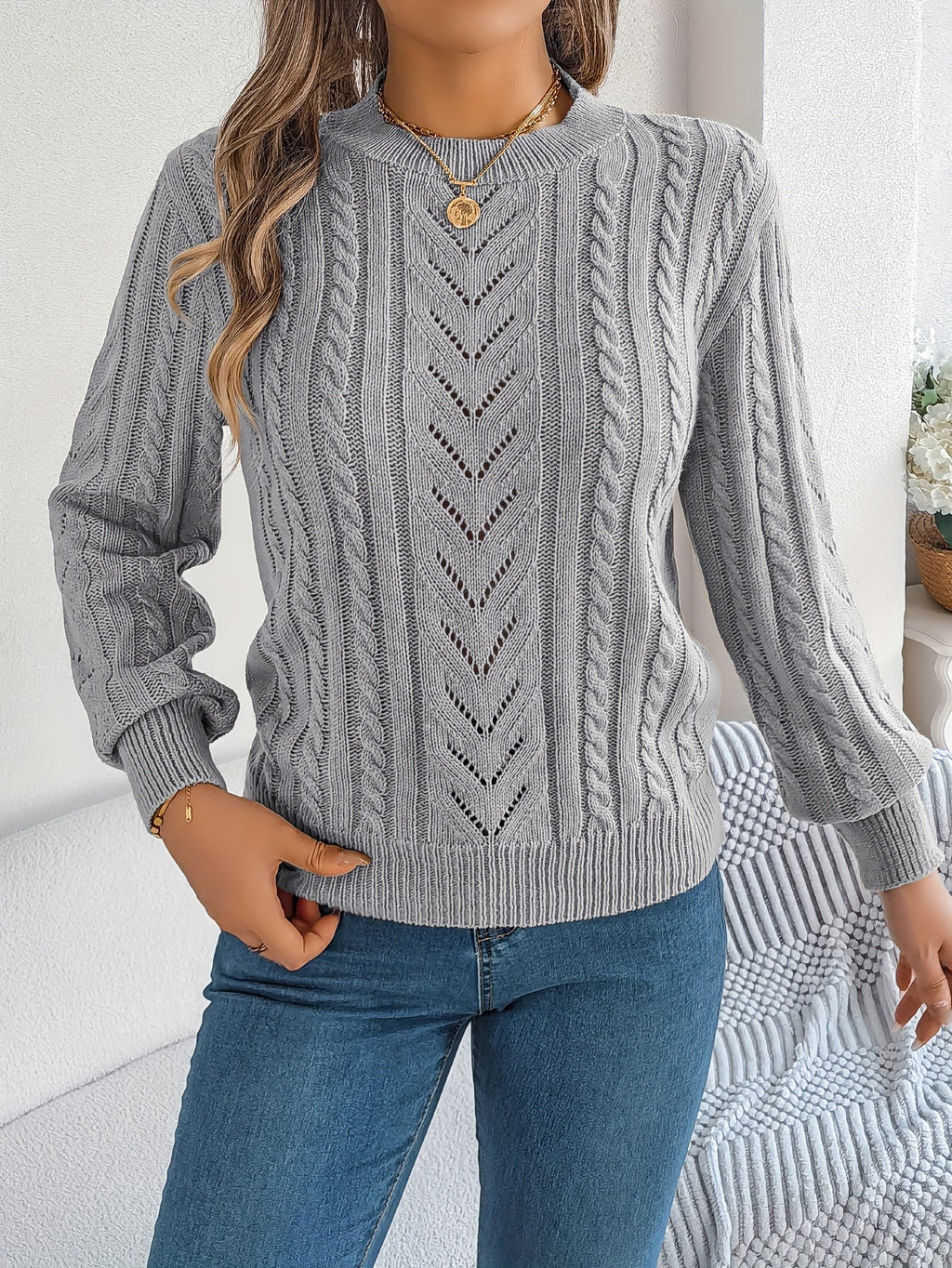 Elspeth | Women's Pointelle Cable Knit Crew Neck Sweater