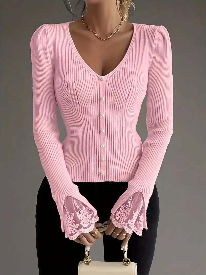 Aveline | Women's Puff Shoulder V-Neck Top with Pearl Buttons and Lace Trim