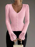 Aveline | Women's Puff Shoulder V-Neck Top with Pearl Buttons and Lace Trim