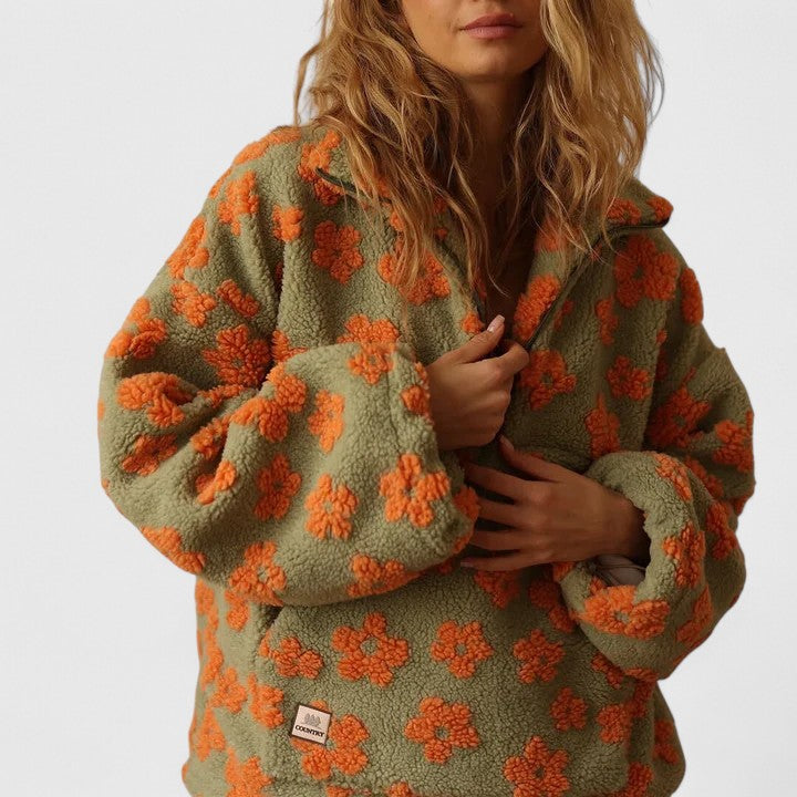 Junie | Women's Sherpa Fleece Floral Sweater with Quarter-Zip